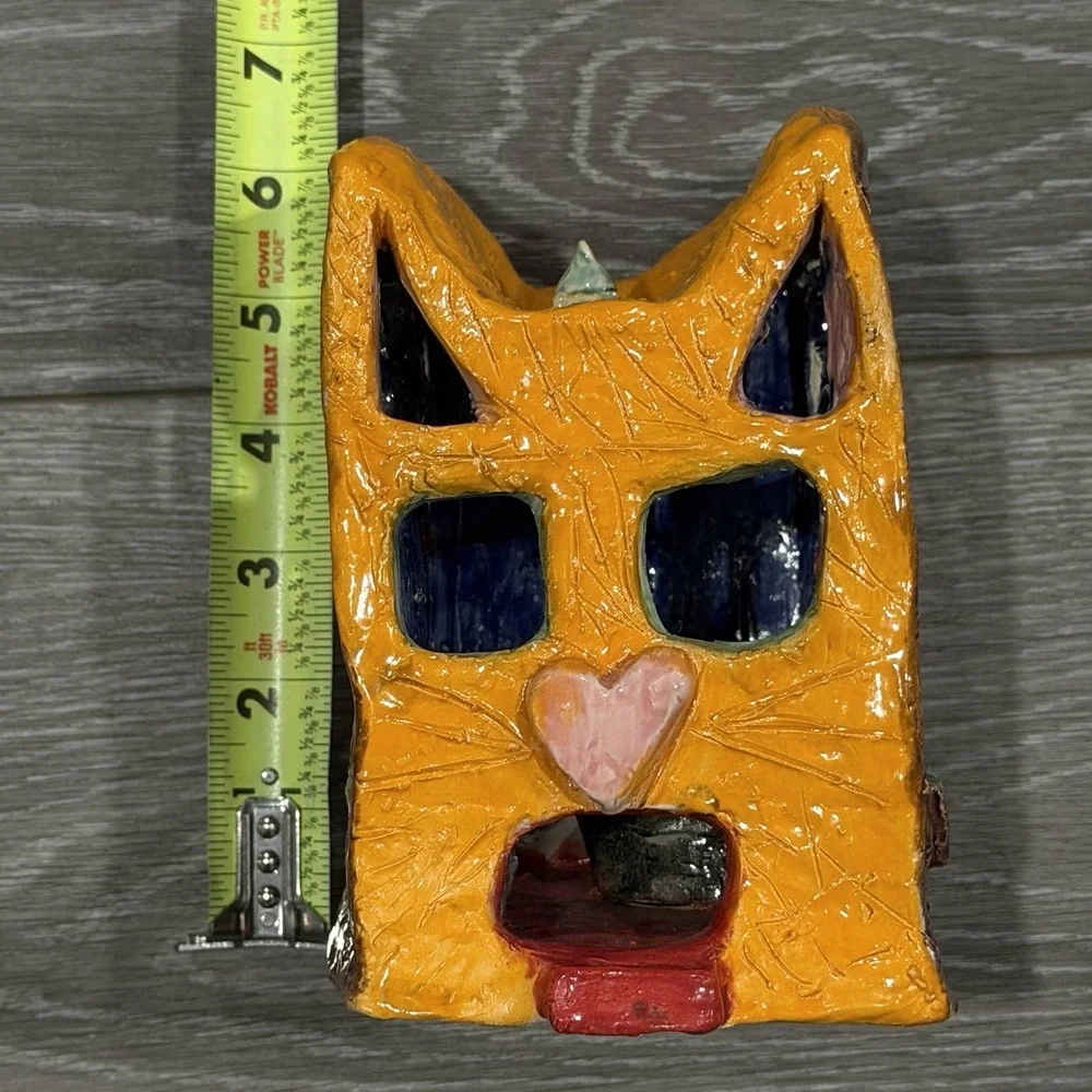 Handmade Ceramic Cat House Luminary Tealight Candle Holder‎ Orange Folk Art